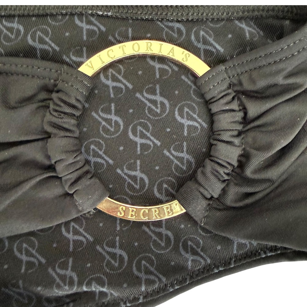 Victorias Secret Bikini Pink Black Palm Bandeau Rhinestone Gold Low Rise S Top M - Picture 7 of 11
